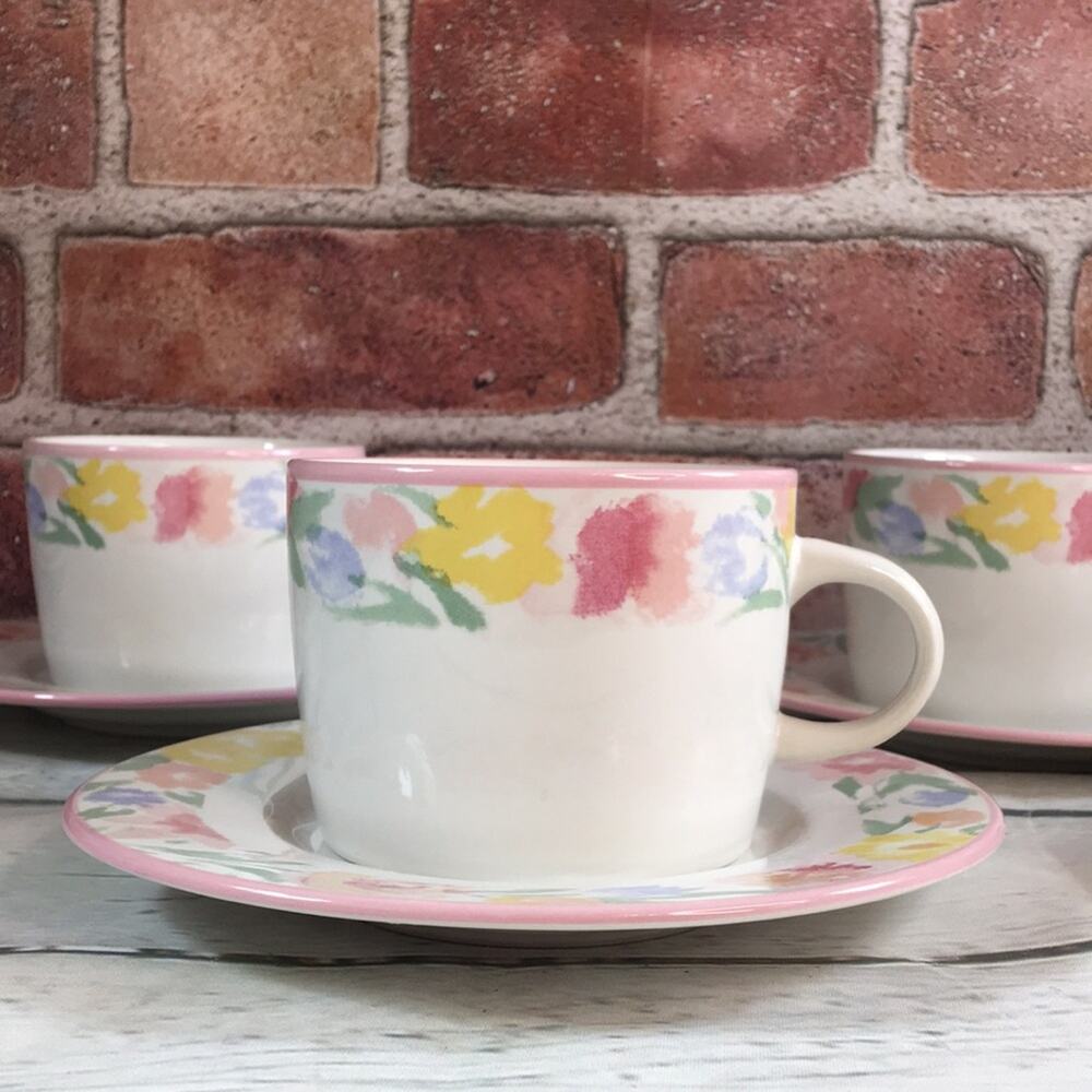 Set of 4 Vintage Newcor Monet's Garden Flat Tea/Coffee Cups and‎ Saucers
